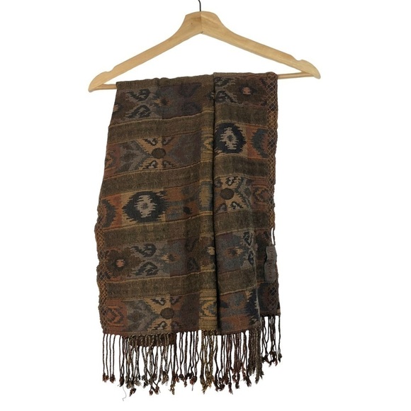 Free People Brown & Orange Tribal Print Rectangle Fringe Scarf - Picture 1 of 3